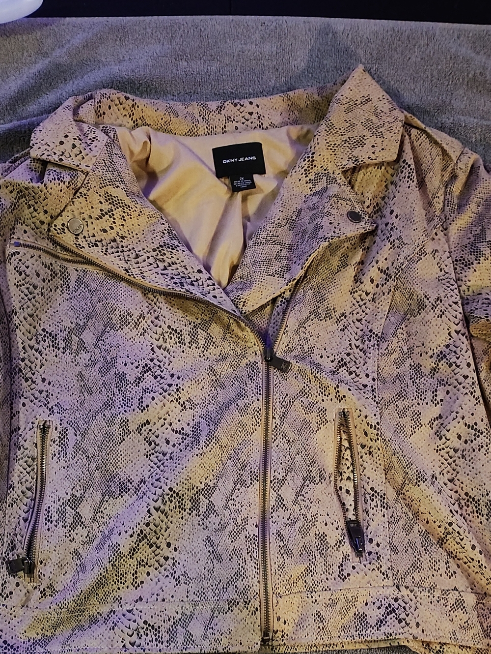DKNY Snake-Print Faux Leather Biker Jacket in Beige
